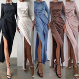 MIDI Mauve Cocktail Dress Women's Autumn and Winter Long Sleeve Split Dress Waist Dress
