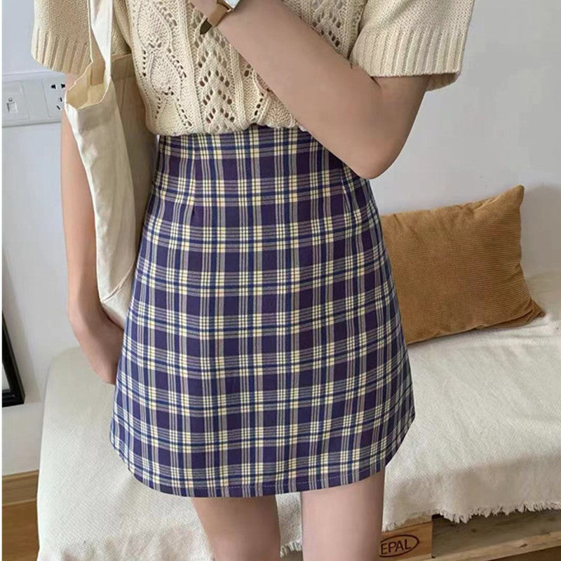 MIDI Mauve Skirt Summer Tartan Skirt A- Line Skirt High Waist Hip-Wrapped Skirt