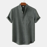 Camp Collar Shirt Short Sleeve Solid Color Cotton and Linen Shirt