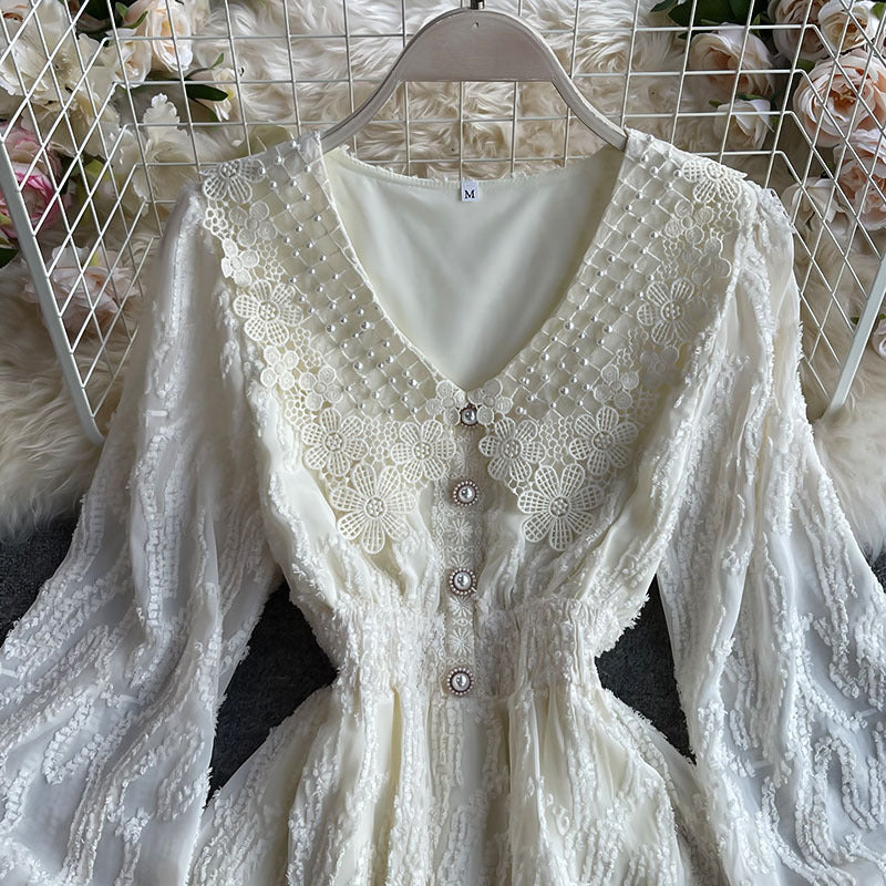 Betty Draper Valentine's Day Dress Vintage Court Style Figure Flattering Wide Hem Long Dress Lace V-neck