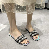 Women Open Toe Sandals Flats Flat Bottom Pearl One-Line Sandals
