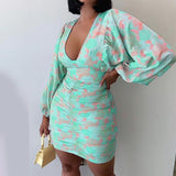 MIDI Mauve Cocktail Dress Autumn Puff Sleeve V-neck Elegant Slim Print Dress