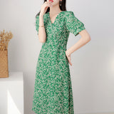 Emerald Green Dress V-neck Green Chiffon Floral
