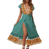 Gypsy Style Dresses Green Temperament Long Dress Slimming Printed