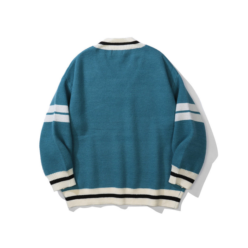 Men Sweater Letter Jacquard Color Matching Sweater Men's Pullover