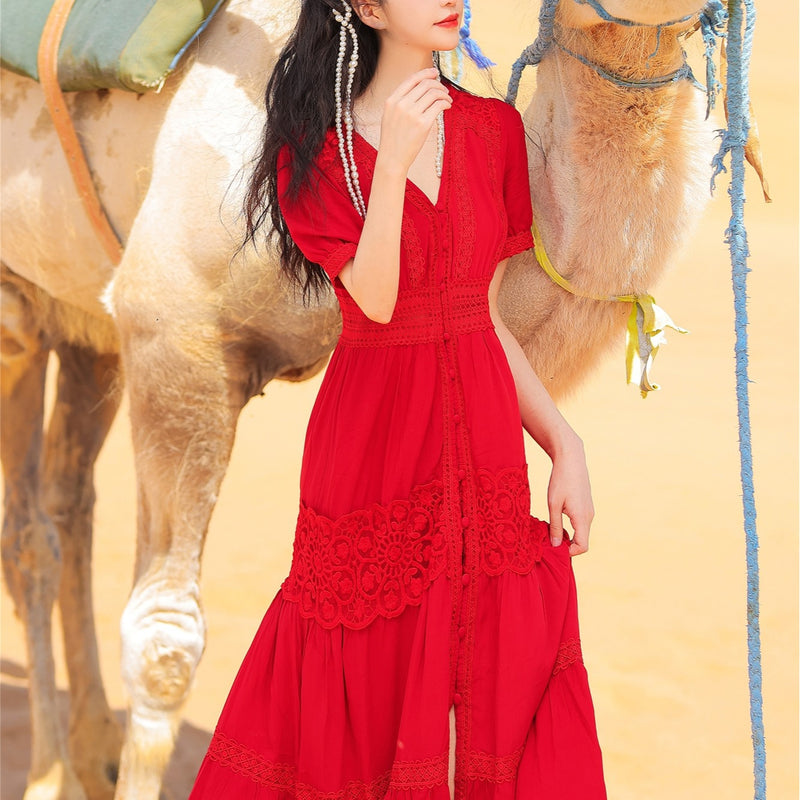 Coachella Music Festival Outfits Red Slimming Sun Protection Seaside Vacation Travel Desert Travel Dress