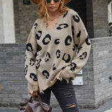 Women Pullover Knit Sweater Autumn and Winter V-neck Leopard Print Fringed Sweater
