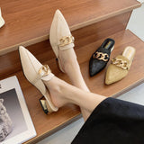 Finn Chain Pointed Toe Mule Toe Cap Semi Slipper Spring Metal Chain Pointed-Toe Slippers Women's Low Heel Mules Shoes