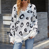Women Pullover Knit Sweater Autumn and Winter V-neck Leopard Print Fringed Sweater