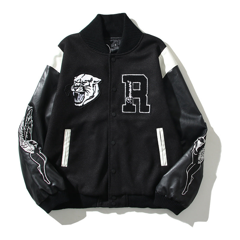 Cardigan Baseball Jacket Autumn and Winter Rep Woolen Leather Sleeve Stitching Letter Logo Embroidered Baseball Jacket