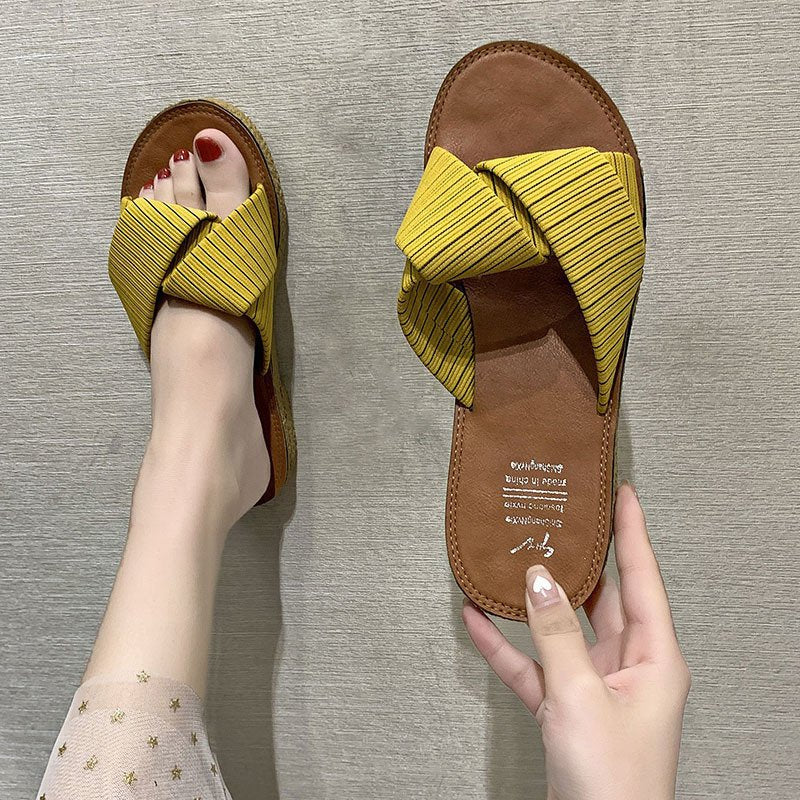 Women Open Toe Sandals Flats Summer Slippers Fashion Outerwear Cross Striped Sandals