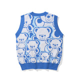 Men Sweater Cartoon Bear Jacquard Knitted Vest Outer Wear Men's Loose V-neck