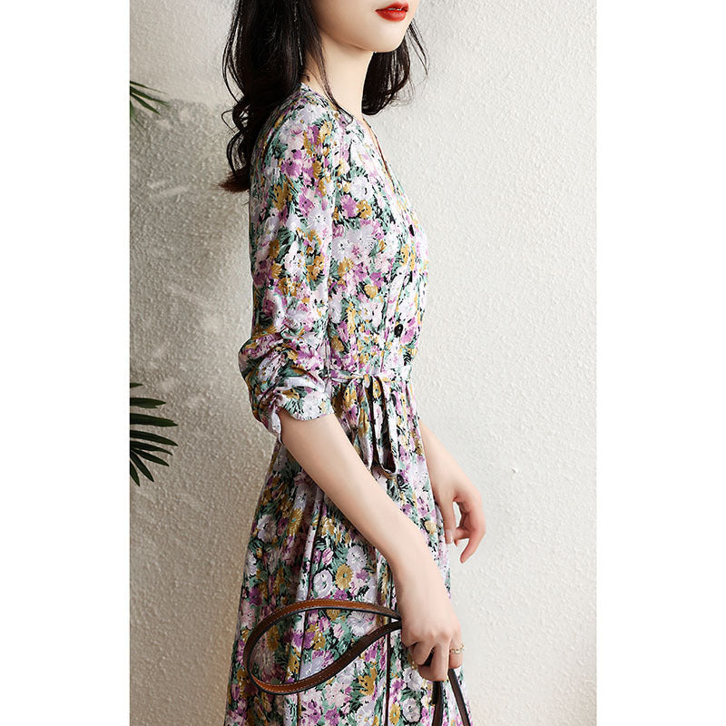 Kendall Jenner Wedding Guest Dress Floral V-neck Waist-Controlled Slimming  Temperament Adult Lady Like Woman Lightly Mature