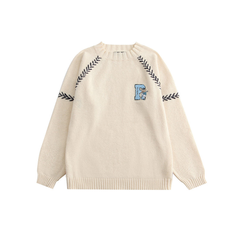 Men Sweater Cartoon Bear Paste Cloth Embroidery Sweater Men's Pullover