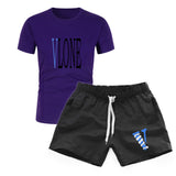 Vlone T Shirts & Shorts 2 Piece Set Men'S Short Sleeve Sports Beach Shorts Round Neck T-Shirt