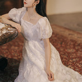 Coachella Music Festival Outfits Summer Women's Dress White Jacquard Square Collar Puff Sleeve
