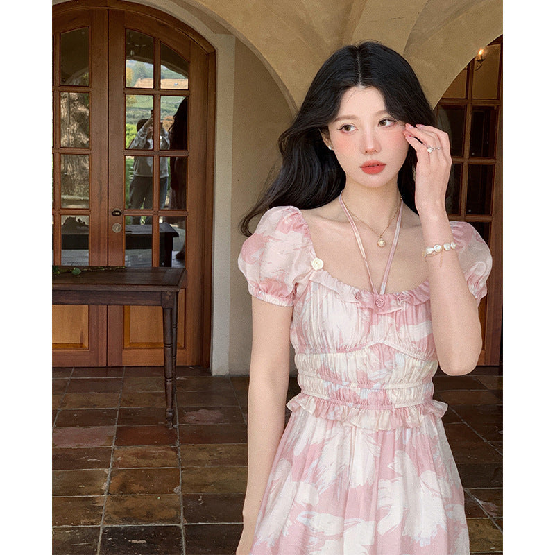 Regency Dress Square Collar Printed Dress Waist-Tight