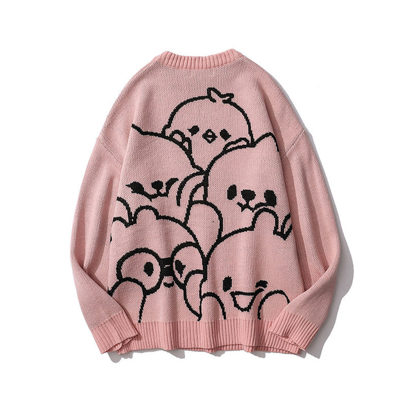 Men Sweater Cartoon Jacquard Sweater Men's Trendy Loose Pullover