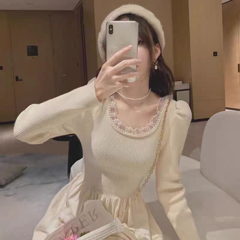 Long Sleeve Burgundy Dress Formal Knitted Dress for Women Autumn and Winter Sweet Slim Fit Bottoming Skirt