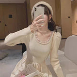 Long Sleeve Burgundy Dress Formal Knitted Dress for Women Autumn and Winter Sweet Slim Fit Bottoming Skirt