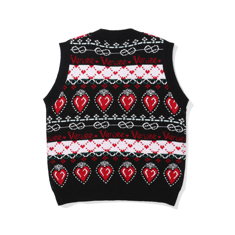Men Sweater Contrast Color Heart Jacquard Knitted Vest Men's Street Vest
