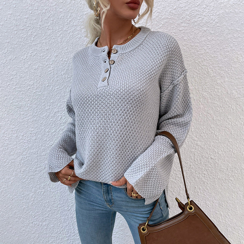 Women Pullover Knit Sweater round Neck Cardigan with Buttons Sweater Women Autumn and Winter Slit Knit Sweater