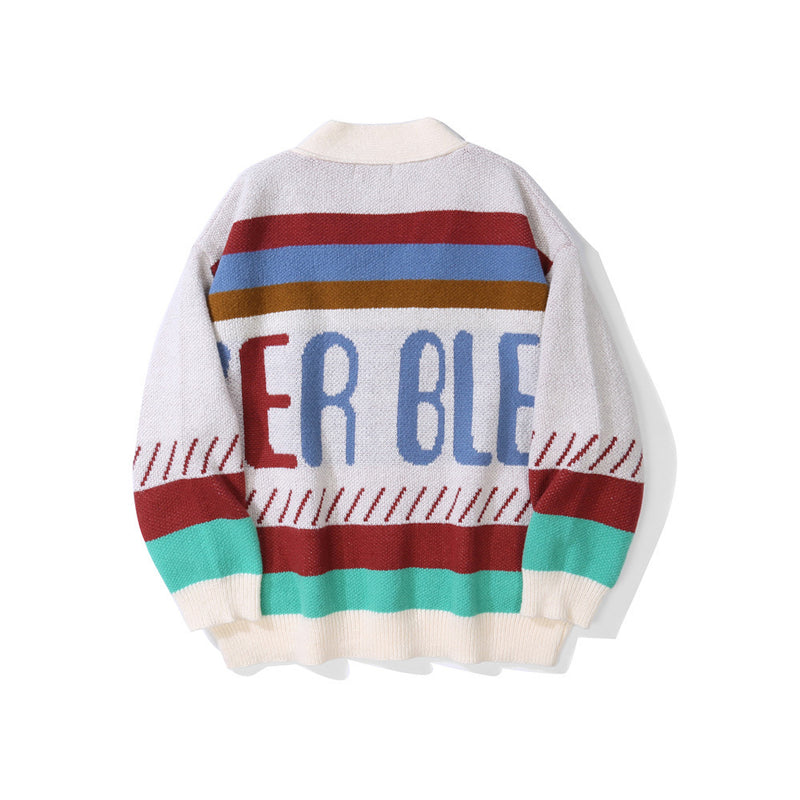 Men Sweater Fashion Brand Letter Jacquard Color Matching Cardigan Sweater Men's V-neck Sweater Coat