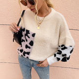 Women Pullover Knit Sweater Women's Clothing Autumn and Winter Contrast Color Leopard-Print Sweater Women