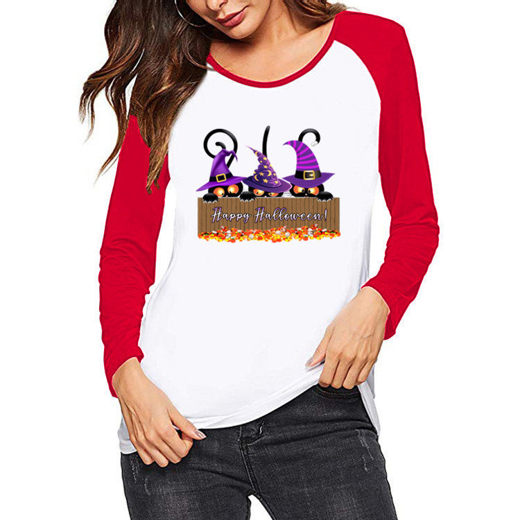 Halloween Costumes Pattern Printed Raglan Color Contrast Long Sleeve T-shirt Women's Top