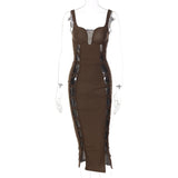 Kendall Jenner Wedding Guest Dress Lace-up Hollow Sexy Sling Midi Dress Fashion