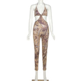 Summer Women's Sexy Low-Cut Sleeveless Printed High Waist Hip Lift Tight Jumpsuit Women