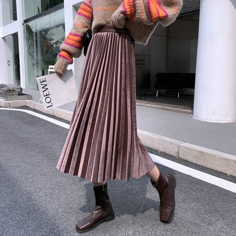 MIDI Mauve Skirt Gold Velvet Skirt Pleated with Sweater Velvet Dress