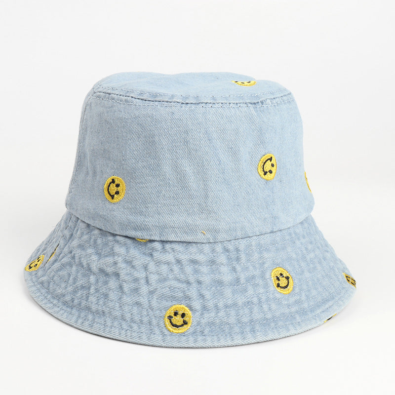 Denim Bucket Hat Fishing Cap Cotton Print Fisherman Hat Smiley Face Women's Fashion Embroidered Retro Sun Hat