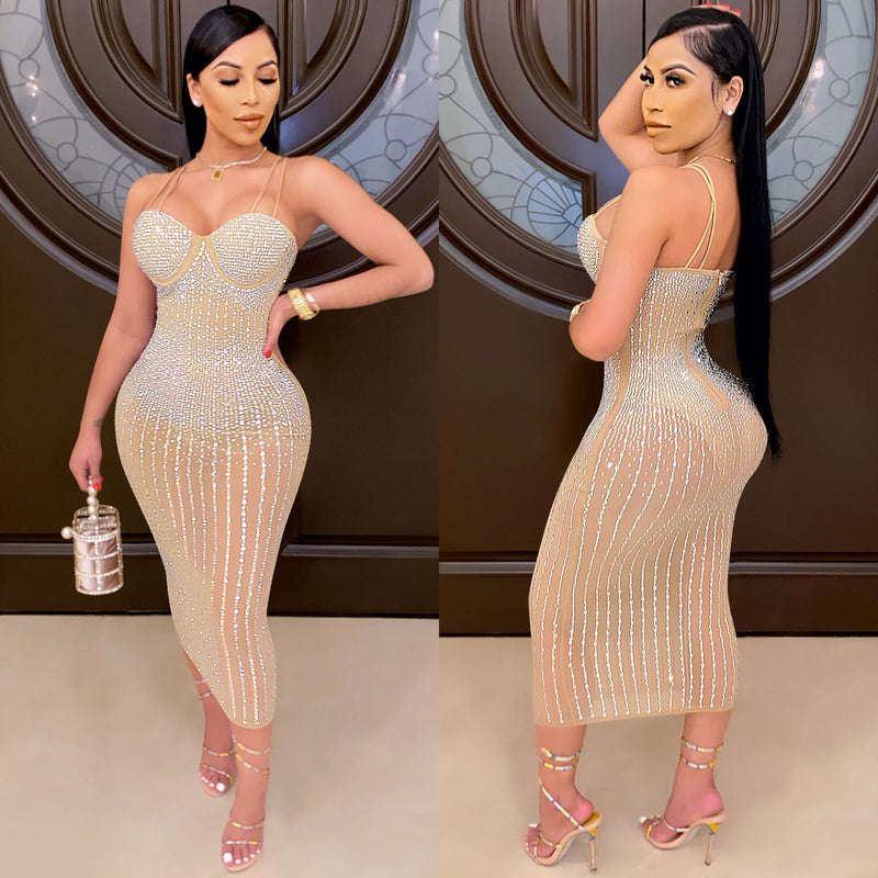 Skin Tight Long Dresses See-through Rhinestone Strap Dress