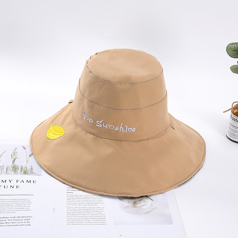 Women Bucket Hat Large Brim Embroidered Sun Protection Sunshade