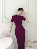 MIDI Mauve Cocktail Dress Retro Slim round Neck Black Knitted Dress Women's Dress