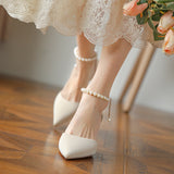 Nude Low Block Heel Pearl Buckle Pointed Toe Pumps