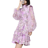 MIDI Mauve Wrap Dress Casual Printed Fashion Dress Autumn Long Sleeve High Waist Stitching Maxi Dress for Women