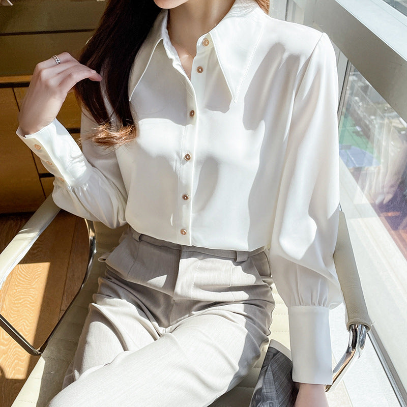 Gloria Vanderbilt Satin Polo Collar White Shirt Temperament