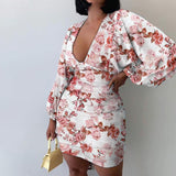 MIDI Mauve Cocktail Dress Autumn Puff Sleeve V-neck Elegant Slim Print Dress
