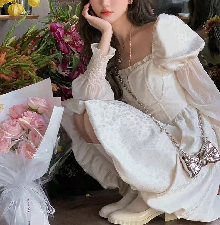 Regency Dress Square Collar Jacquard Dress Mesh Stitching