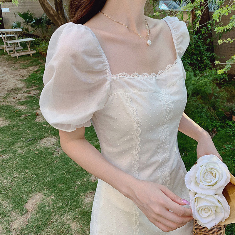 Regency Dress White Puff Sleeve Square Collar Lace