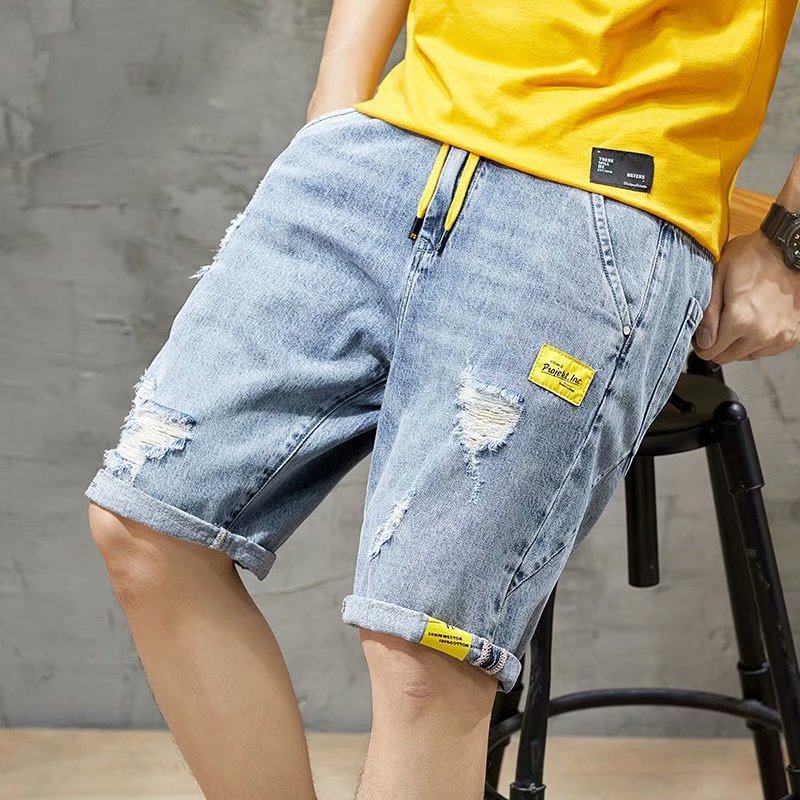 Men Denim Shorts Summer Denim Shorts Men's Ripped Elastic Waist Loose