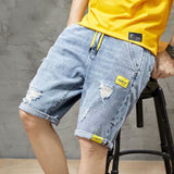 Men Denim Shorts Summer Denim Shorts Men's Ripped Elastic Waist Loose
