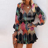 Coachella Music Festival Outfits Autumn Color Print Street Fashion V-neck Dress
