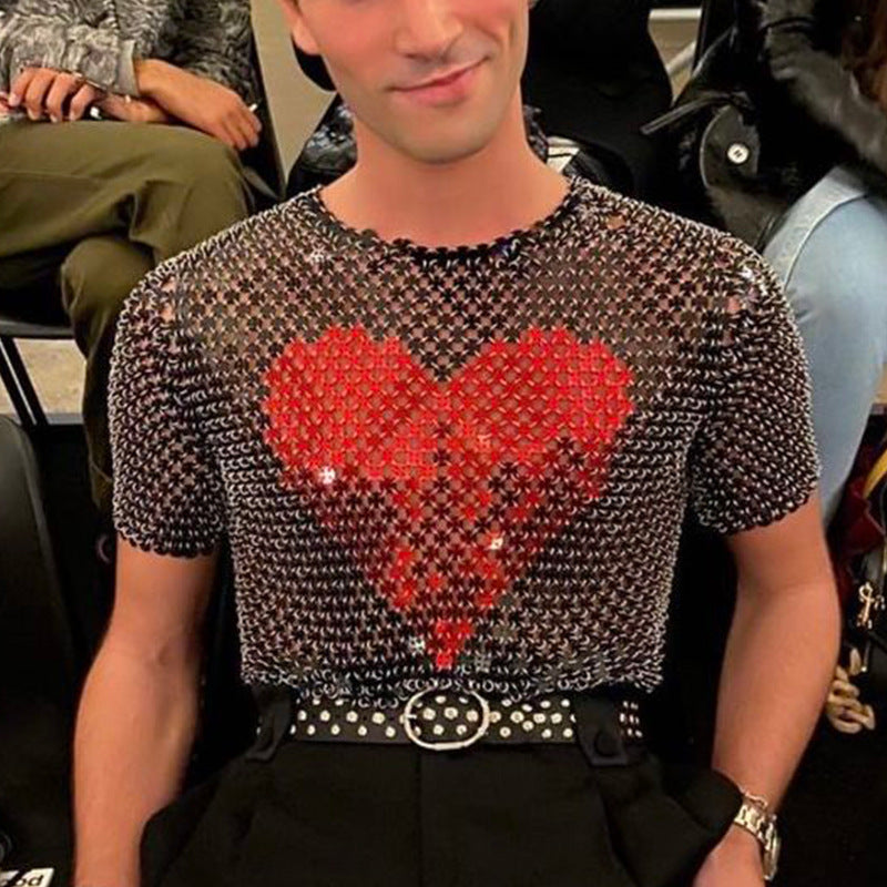 Rave Outfits Men T Shirt Love Heart Sequins round Neck Printing