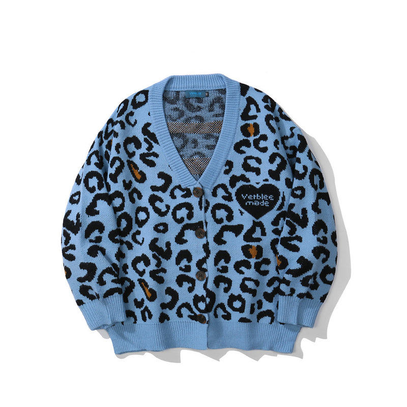 Men Sweater Leopard Jacquard Sweater Coat Men's Cardigan Sweater
