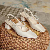 Nude Low Block Heel Square Toe Chunky Heel Sandals
