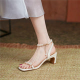 Nude Low Block Heel Stringed Pearls Word with Chunky Heel