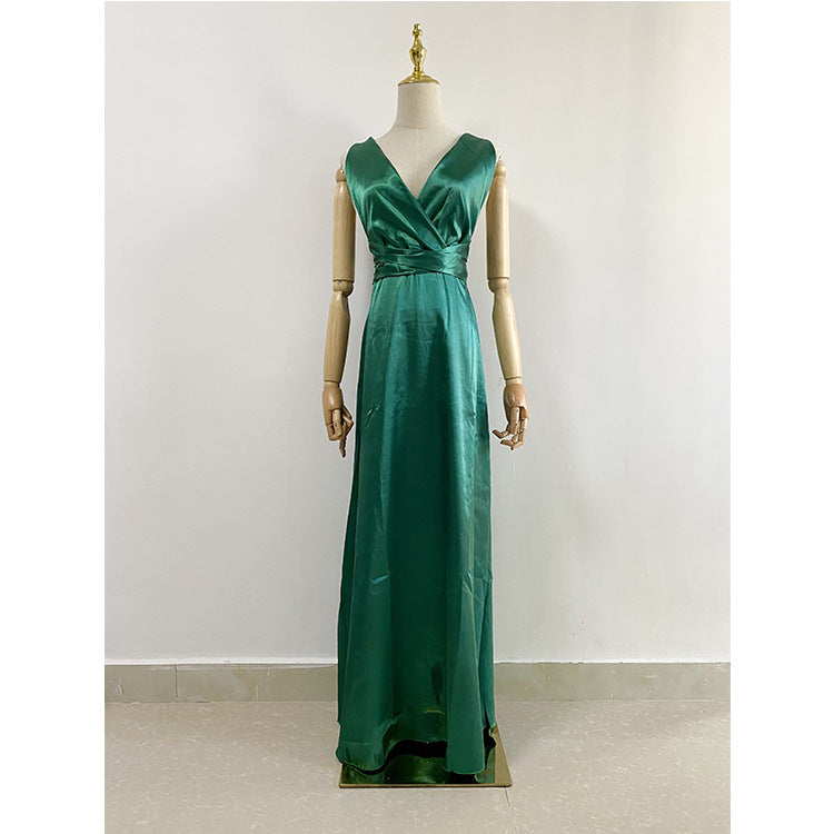 Emerald Green Dress V-neck Backless Solid Color Party Dress